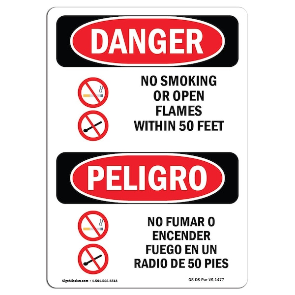 Safety Sign, OSHA Danger, 24" Height, Aluminum, No Smoking Or Open Flames 50 Feet Spanish